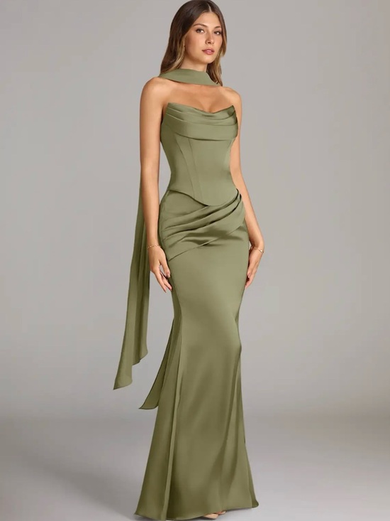 Dresses & Skirts - Olive Green Draped Satin Evening Gown